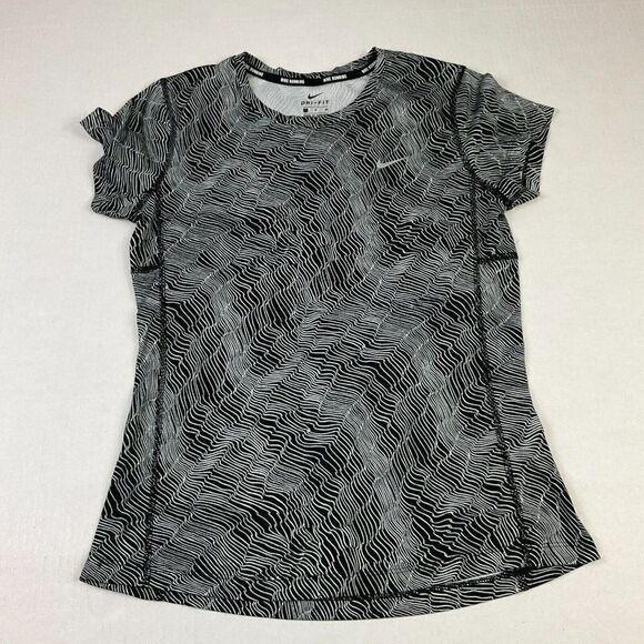 Nike Womens Dri Fit T-Shirt Black White Short Sleeve Crew Neck Running Tee Small - Picture 1 of 11